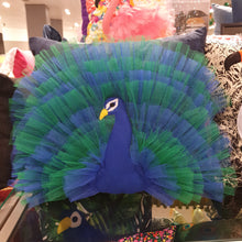 Load image into Gallery viewer, Hazeldee Home Handmade peacock bird illustration character cushion with 3D feather effect trim.       A great conversational peacock cushion for kids and grown ups alike!  Bring some fun and colour into your space with this handmade cushion with a peacock cushion with a plume of blue and green feather-like trim with a navy fabric base!  Hazeldee Home design.  Approximately 16" x 16" (40cm x 40cm) with a centre back zip. Comes with a polycotton cushion inner.