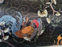 Load image into Gallery viewer, Hazeldee Home Handmade black based oriental print silky satin cushion with contrast silky double tassels. One of the original styles created by Hazeldee Home. A stunning addition to any sofa or bed. The smooth silky texture adds a boudoir like feel to any space. Approximately 12" x 20" (30cm x 50cm) with a concealed zip. Comes with a polycotton cushion inner. Matching and coordinating items available in the Hazeldee Home Heritage Collection.