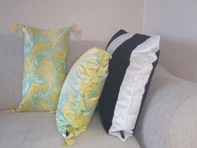 Load image into Gallery viewer, Hazeldee Home Handmade palm jacquard cushion with contrast silky double tassels. This striking yellow and green silky palm jacquard design is fresh and vibrant and a great colour vehicle paired with Hazeldee Home's signature double tassels that add movement and individuality. Approximately 12" x 20" (30cm x 50cm) with a concealed zip
