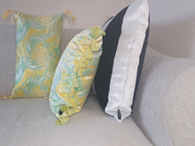 Load image into Gallery viewer, Hazeldee Home Handmade palm jacquard cushion with contrast tassel trim. This striking yellow and green silky palm jacquard design is fresh and vibrant and a great colour vehicle paired with a fun tassel trim that adds movement and individuality. Approximately 16" x 16" (40cm x 40cm) square with a concealed zip. Do not wash, Dry Clean Only. Matching items available