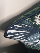 Load image into Gallery viewer, Hazeldee Home handmade double-sided cushion with cotton cream and green leaf print one side and fine Italian velvet forest green on the reverse, edged with a contrasting navy satin.   Approximately 16" x 16" (40cm x 40cm) square with a concealed zip.   Comes with a polycotton lined cushion inner.  Do not wash, Dry Clean Only.  Matching items available.
