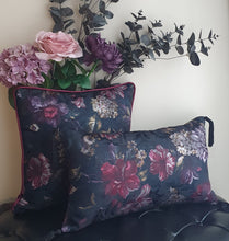 Load image into Gallery viewer, Hazeldee Home handmade double-sided cushion with a decadent silky black winter floral jacquard on one side and rich Italian velvet in burgundy on the reverse, edged with a contrasting burgundy satin.   Approximately 16" x 16" (40cm x 40cm) square with a concealed zip.