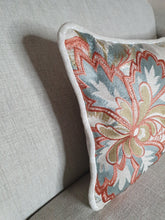 Load image into Gallery viewer, A Hazeldee Home one-of-a-kind Limited Edition Handmade double-sided cushion using Colefax and Fowler Sumela embroidered fabric on one side and Linwood velvet on the reverse.  Colefax and Flowler Sumela heavily embroidered Fabric follows an organic theme with a contemporary twist on a foliage design. The bold yet muted colourings reflect the informal nature of this embroidery design.  65% linen, 35% viscose on one side 100% cotton velvet on the reverse.