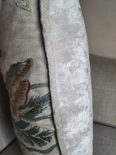 Load image into Gallery viewer, A Hazeldee Home one-of-a-kind Limited Edition Handmade double-sided cushion using Colefax and Fowler Sumela embroidered fabric on one side and Linwood velvet on the reverse.  Colefax and Flowler Sumela heavily embroidered Fabric follows an organic theme with a contemporary twist on a foliage design. The bold yet muted colourings reflect the informal nature of this embroidery design.  65% linen, 35% viscose on one side 100% cotton velvet on the reverse.