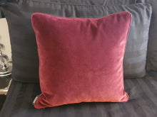 Load image into Gallery viewer, Hazeldee Home handmade double-sided cushion with a decadent silky black winter floral jacquard on one side and rich Italian velvet in burgundy on the reverse, edged with a contrasting burgundy satin.   Approximately 16" x 16" (40cm x 40cm) square with a concealed zip.