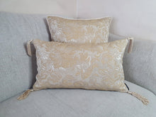 Load image into Gallery viewer, Hazeldee Home Handmade paisley brocade bolster rectangular cushion with bold silky tassels. An intricate woven paisley teardrop design with a beautiful selection of matte and silky threads to create a textural design that subtly captures the light. The finished look has both a classic and contemporary feel. Approximately 12" x 20" (30cm x 50cm) with a concealed zip.   Comes with a polycotton hollowfibre cushion inner. Matching and coordinating items available in the Hazeldee Home Heritage Collection.