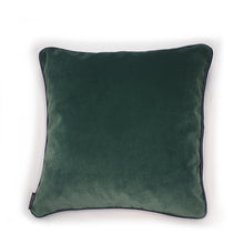Load image into Gallery viewer, Hazeldee Home handmade double-sided cushion with cotton cream and green leaf print one side and fine Italian velvet forest green on the reverse, edged with a contrasting navy satin.   Approximately 16" x 16" (40cm x 40cm) square with a concealed zip.   Comes with a polycotton lined cushion inner.  Do not wash, Dry Clean Only.  Matching items available.