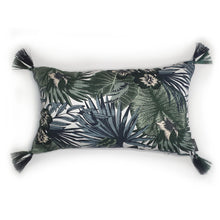 Load image into Gallery viewer, Hazeldee Home handmade cream and green botanical leaf print cotton cushion with contrast Hazeldee Home's trademark silky double tassels detailing.  Approximately 12" x 20" (30cm x 50cm) with a concealed zip.   Comes with a polycotton cushion inner.  Do not wash, Dry Clean Only.  Matching items available.