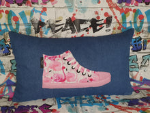 Load image into Gallery viewer, Hazeldee Home Handmade hi-top trainer cushion, rectangular bolster shape with real laces trim on a blue denim base. A great conversational trainer cushion for kids and grown ups alike! Bring some fun and colour into your space with this handmade cushion with a hi-top trainer with laces detail! Bold flamingo print hi-top sneaker trainer cushion with contrast pink detail. Approximately 12" x 20" (30cm x 50cm) with a zip opening. Comes with a polycotton cushion inner.