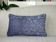 Load image into Gallery viewer, lilac velvet cushion with a textured pattern.  A Hazeldee Home Limited Edition Handmade textured lilac velvet cushion with silky grey embroidered filigree pattern and satin grey piping.    Approximately 12" x 20" (30cm x 50cm) with a concealed zip.   Comes with a polycotton lined cushion inner.  Very Peri cushion very peri homeware