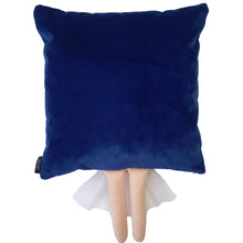 Load image into Gallery viewer, Handmade Limited Edition Jubilee Queen Cushion to celebrate Queen Elizabeth's amazing 70th Year in reign! The Queen Munchkin Cushion Features a Queen character complete with crown and a sash and legs that extend from the body of the cushion.  The base is royal blue cotton velvet.   Approximately 16" x 16" (40cm x 40cm) with a concealed zip. Comes with a polycotton cushion inner.   Each Hazeldee Home Munchkin Character Cushion comes with a numbered Certificate of Authenticity.