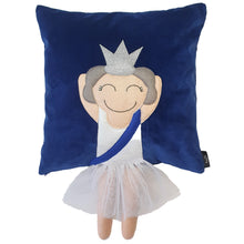 Load image into Gallery viewer, Handmade Limited Edition Jubilee Queen Cushion to celebrate Queen Elizabeth's amazing 70th Year in reign! The Queen Munchkin Cushion Features a Queen character complete with crown and a sash and legs that extend from the body of the cushion.  The base is royal blue cotton velvet.   Approximately 16" x 16" (40cm x 40cm) with a concealed zip. Comes with a polycotton cushion inner.   Each Hazeldee Home Munchkin Character Cushion comes with a numbered Certificate of Authenticity.