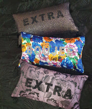 Load image into Gallery viewer, Hazeldee Home Handmade metallic black pink and gold leopard metallic jacquard cushion with black rhinestone embellished letters spelling 'EXTRA' and finished with bold silky black tassels.   The metallic fabric has a black base glimmers pink and gold  its bold yet paired back.   Black rhinestone letters continues the bold but paired back theme.  Perfect for the person who loves a little something 'EXTRA' or 'BOUJEE' and lives life as such!
