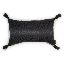 Load image into Gallery viewer, Hazeldee Home handmade black leopard cushion with bold silky black tassels.  Perfect for living rooms and bedrooms alike.  A classy take on leopard that acts as a semi-plain print with silky and mat jacquard.  And of course those tassels add that extra touch of glamour!  Check out the matching Ruffle square cushion!  Both items are Limited Edition one of a kind (for now)...  Approximately 12" x 20" (30cm x 50cm) with a concealed zip.  Comes with a polycotton cushion inner.  Do not wash, Dry Clean Only.