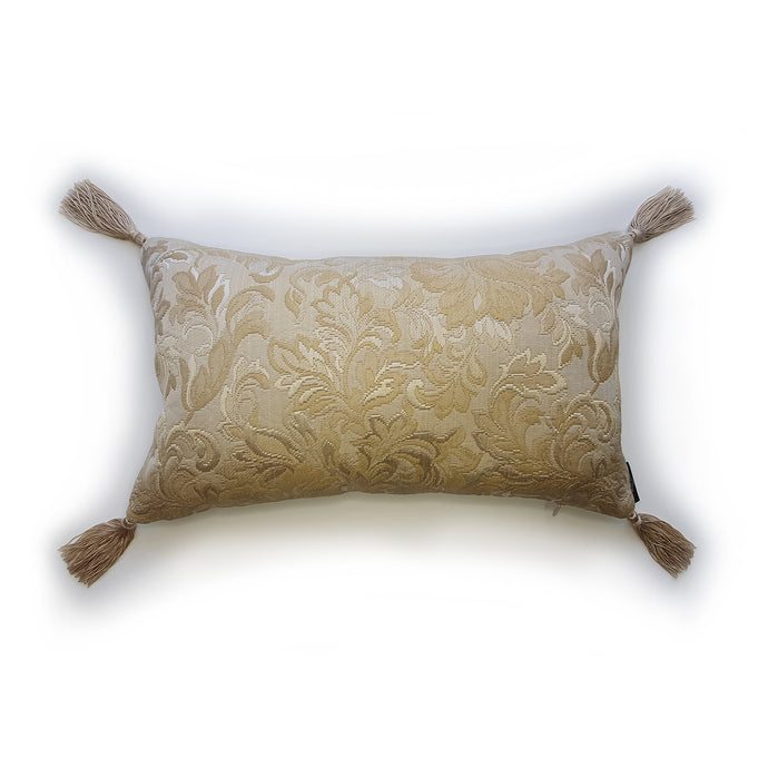 Hazeldee Home Handmade paisley brocade bolster rectangular cushion with bold silky tassels. An intricate woven paisley teardrop design with a beautiful selection of matte and silky threads to create a textural design that subtly captures the light. The finished look has both a classic and contemporary feel. Approximately 12
