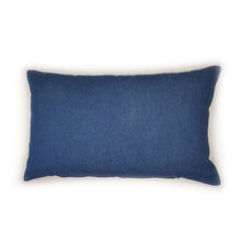 Load image into Gallery viewer, Handmade trainer cushion, rectangular bolster shape with real laces trim on a blue denim base. Approximately 12" x 20" (30cm x 50cm) with a zip opening. Comes with a polycotton cushion inner.