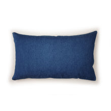 Load image into Gallery viewer, Hazeldee Home Handmade hi-top trainer cushion, rectangular bolster shape with real laces trim on a blue denim base. A great conversational trainer cushion for kids and grown ups alike! Bring some fun and colour into your space with this handmade cushion with a hi-top trainer with laces detail! Bold flamingo print hi-top sneaker trainer cushion with contrast pink detail. Approximately 12" x 20" (30cm x 50cm) with a zip opening. Comes with a polycotton cushion inner.