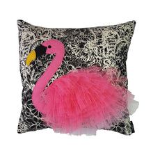 Load image into Gallery viewer, Handmade flamingo cushion with 3D feather effect trim.     A great conversational flamingo cushion for kids and grown ups alike!  Bring some fun and colour into your space with this handmade cushion with a pink flamingo cushion with plume of pink feather-like trim with a twill fabric floral monochrome base!  A one-of-a-kind Hazeldee Home design.  Approximately 16" x 16" (40cm x 40cm) with a centre back zip. Comes with a polycotton cushion inner.