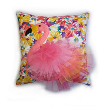 Load image into Gallery viewer, Hazeldee Home Handmade flamingo bird illustration character cushion with 3D feather effect trim. A great conversational flamingo cushion for kids and grown ups alike! Bring some fun and colour into your space with this handmade cushion with a pink flamingo cushion with plume of pink feather-like trim with a bright floral fabric base! A one-of-a-kind Hazeldee Home design. Approximately 16" x 16" (40cm x 40cm) with a centre back zip. Comes with a polycotton cushion inner.
