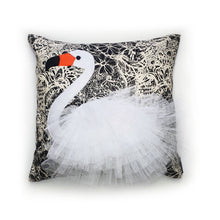 Load image into Gallery viewer, Hazeldee Home Handmade swan bird illustration character cushion with 3D feather effect trim.   A great conversational swan cushion for kids and grown ups alike!  Bring some fun and colour into your space with this handmade cushion with a white swan cushion with plume of white feather-like trim with a twill fabric floral monochrome base!  A Hazeldee Home design.  Approximately 16" x 16" (40cm x 40cm) with a centre back zip. Comes with a polycotton cushion inner.