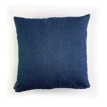 Load image into Gallery viewer, Hazeldee Home Handmade Lion Head cushion with 3D mane trim. A great conversational Lion cushion! Bring some fun and colour into your space with this handmade cushion with a natural lion head cushion with 3D mane trim on a mid blue washed denim fabric base! A one-of-a-kind Hazeldee Home design. Approximately 16" x 16" (40cm x 40cm) with a zip at the base.