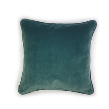 Load image into Gallery viewer, Handmade double-sided cushion featuring an intricate jacquard pattern with peacocks, botanical greens at the front and a contrasting plain green Italian velvet on the reverse, piped with the same green velvet.   Approximately 18" x 18" (45cm x 45cm) square with a concealed zip.  Comes with a polycotton lined cushion inner.  Do not wash, Dry Clean Only.