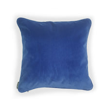 Load image into Gallery viewer, Handmade double-sided cushion featuring an intricate jacquard pattern with peacocks, botanical greens at the front and a contrasting bold cobalt blue Italian velvet fabric on the reverse, piped with the same cobalt velvet.   Approximately 18" x 18" (45cm x 45cm) square with a concealed zip.  Comes with a polycotton lined cushion inner.  Do not wash, Dry Clean Only.