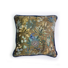 Load image into Gallery viewer, Handmade double-sided cushion featuring an intricate jacquard pattern with peacocks, botanical greens at the front and a contrasting bold cobalt blue Italian velvet fabric on the reverse, piped with the same cobalt velvet.   Approximately 18" x 18" (45cm x 45cm) square with a concealed zip.  Comes with a polycotton lined cushion inner.  Do not wash, Dry Clean Only.