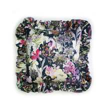 Load image into Gallery viewer, Handmade navy watercolour floral ruffle cushion. Aylesbury bold watercolour floral print with a Navy base adds a lovely touch of nature to any room. The scattered floral flowers and blooms are rich in colour and add the feeling of spring to any space. The ruffles add fun, romance and add that extra touch of glamour! Check out the matching navy and pink rectangle Tassel cushion! Approximately 16" x 16" (40cm x 40cm) excluding the ruffles with a back zip. Comes with a polycotton cushion inner.
