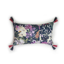 Load image into Gallery viewer, Handmade Navy Watercolour floral print cotton cushion with Hazeldee's trademark contrast silky double tassels detailing.        Approximately 12" x 20" (30cm x 50cm) with a concealed zip.  Comes with a polycotton cushion inner.     Do not wash, Dry Clean Only.
