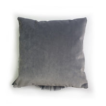 Load image into Gallery viewer, Hazeldee Home Handmade black swan cushion with 3D feather effect trim on a sumptuous Italian grey velvet base that adds a sophisticated edge. A great conversational swan cushion for kids and grown ups alike! Bring some fun and colour into your space with this handmade cushion with a black swan cushion with plume of black feather-like trim with a grey Italian velvet base!  A Hazeldee Home design.  Approximately 16" x 16" (40cm x 40cm) with a concealed zip.   Comes with a polycotton cushion inner.