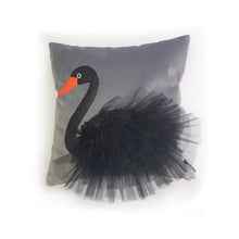 Load image into Gallery viewer, Hazeldee Home Handmade black swan cushion with 3D feather effect trim on a sumptuous Italian grey velvet base that adds a sophisticated edge. A great conversational swan cushion for kids and grown ups alike! Bring some fun and colour into your space with this handmade cushion with a black swan cushion with plume of black feather-like trim with a grey Italian velvet base!  A Hazeldee Home design.  Approximately 16" x 16" (40cm x 40cm) with a concealed zip.   Comes with a polycotton cushion inner.