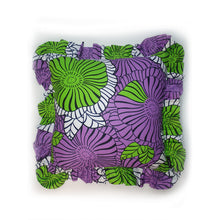 Load image into Gallery viewer, Get frills a plenty with this African wax print ruffle cushion featuring a bold purple and green graphic floral print by Hazeldee Home! These gorgeous feminine frill cushions add a touch of softness and romance. Considered as a feature cushion if you have a simplistic style in your home or as an accent cushion if you are a maximalist. They make a lovely addition to a sofa, chair or bedroom.