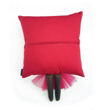 Load image into Gallery viewer, Frida Kahlo cushion inspired by artist Frida Kahlo with trim and legs that extend from the body of the cushion.    Designed and handmade by Hazeldee Home, these cushions are a bundle of fun! Each Cushion is one-of-a-kind with bright backgrounds, different skin tones and hairstyles with flowers to match!   Frida Kahlo was a Mexican painter known for self-portraits and use of bright colour.   Approximately 16" x 16" (40cm x 40cm) with a centre back zip. Comes with a polycotton cushion inner.