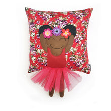 Load image into Gallery viewer, Frida Kahlo cushion inspired by artist Frida Kahlo with trim and legs that extend from the body of the cushion.    Designed and handmade by Hazeldee Home, these cushions are a bundle of fun! Each Cushion is one-of-a-kind with bright backgrounds, different skin tones and hairstyles with flowers to match!   Frida Kahlo was a Mexican painter known for self-portraits and use of bright colour.   Approximately 16" x 16" (40cm x 40cm) with a centre back zip. Comes with a polycotton cushion inner.