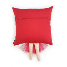 Load image into Gallery viewer, Frida Kahlo cushion inspired by artist Frida Kahlo with trim and legs that extend from the body of the cushion.    Designed and handmade by Hazeldee Home, these cushions are a bundle of fun! Each Cushion is one-of-a-kind with bright backgrounds, different skin tones and hairstyles with flowers to match!   Frida Kahlo was a Mexican painter known for self-portraits and use of bright colour.   Approximately 16" x 16" (40cm x 40cm) with a centre back zip. Comes with a polycotton cushion inner.