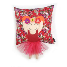 Load image into Gallery viewer, Frida Kahlo cushion inspired by artist Frida Kahlo with trim and legs that extend from the body of the cushion.    Designed and handmade by Hazeldee Home, these cushions are a bundle of fun! Each Cushion is one-of-a-kind with bright backgrounds, different skin tones and hairstyles with flowers to match!   Frida Kahlo was a Mexican painter known for self-portraits and use of bright colour.   Approximately 16" x 16" (40cm x 40cm) with a centre back zip. Comes with a polycotton cushion inner.