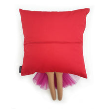 Load image into Gallery viewer, Frida Kahlo cushion inspired by artist Frida Kahlo with trim and legs that extend from the body of the cushion.    Designed and handmade by Hazeldee Home, these cushions are a bundle of fun! Each Cushion is one-of-a-kind with bright backgrounds, different skin tones and hairstyles with flowers to match!   Frida Kahlo was a Mexican painter known for self-portraits and use of bright colour.   Approximately 16" x 16" (40cm x 40cm) with a centre back zip. Comes with a polycotton cushion inner.