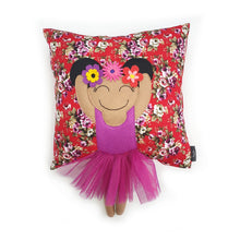 Load image into Gallery viewer, Frida Kahlo cushion inspired by artist Frida Kahlo with trim and legs that extend from the body of the cushion.    Designed and handmade by Hazeldee Home, these cushions are a bundle of fun! Each Cushion is one-of-a-kind with bright backgrounds, different skin tones and hairstyles with flowers to match!   Frida Kahlo was a Mexican painter known for self-portraits and use of bright colour.   Approximately 16" x 16" (40cm x 40cm) with a centre back zip. Comes with a polycotton cushion inner.