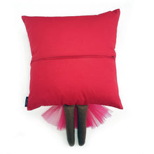 Load image into Gallery viewer, Frida Kahlo cushion inspired by artist Frida Kahlo with trim and legs that extend from the body of the cushion.    Designed and handmade by Hazeldee Home, these cushions are a bundle of fun! Each Cushion is one-of-a-kind with bright backgrounds, different skin tones and hairstyles with flowers to match!   Frida Kahlo was a Mexican painter known for self-portraits and use of bright colour.   Approximately 16" x 16" (40cm x 40cm) with a centre back zip. Comes with a polycotton cushion inner.