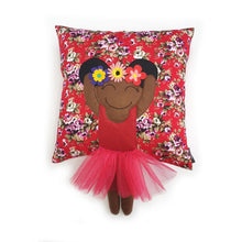 Load image into Gallery viewer, Frida Kahlo cushion inspired by artist Frida Kahlo with trim and legs that extend from the body of the cushion.    Designed and handmade by Hazeldee Home, these cushions are a bundle of fun! Each Cushion is one-of-a-kind with bright backgrounds, different skin tones and hairstyles with flowers to match!   Frida Kahlo was a Mexican painter known for self-portraits and use of bright colour.   Approximately 16" x 16" (40cm x 40cm) with a centre back zip. Comes with a polycotton cushion inner.