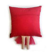 Load image into Gallery viewer, Handmade munchkin cushion inspired by artist Frida Kahlo with trim and legs that extend from the body of the cushion. Designed and handmade by Hazeldee Home, these cushions are a bundle of fun! Each Cushion is one-of-a-kind with bright backgrounds, different skin tones and hairstyles with flowers to match! Frida Kahlo was a Mexican painter known for self-portraits and use of bright colour. Approximately 16" x 16" (40cm x 40cm) with a centre back zip. Comes with a polycotton cushion inner.