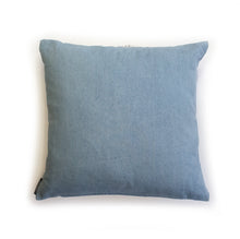 Load image into Gallery viewer, Hazeldee Home Handmade Lion Head cushion with 3D mane trim.      A great conversational Lion cushion!  Bring some fun and colour into your space with this handmade cushion with a natural lion head cushion with 3D mane trim on a blue washed denim fabric base!  A one-of-a-kind Hazeldee Home design.  Approximately 16" x 16" (40cm x 40cm) with a zip at the base.