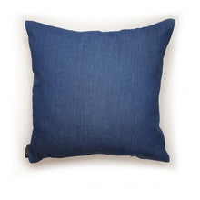 Load image into Gallery viewer, Hazeldee Home Handmade Lion Head illustration character cushion with 3D mane trim.      A great conversational Lion cushion!  Bring some fun and colour into your space with this handmade cushion with a neutral yet striking lion head cushion with 3D mane trim on a mid blue washed denim fabric base!  A one-of-a-kind Hazeldee Home design.  Approximately 16" x 16" (40cm x 40cm) with a zip at the base.