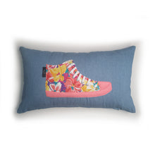 Load image into Gallery viewer, Hazeldee Home Bold floral print hi-top sneaker trainer cushion with white laces and contrast detail.