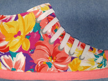 Load image into Gallery viewer, Hazeldee Home Bold floral print hi-top sneaker trainer cushion with white laces and contrast detail.
