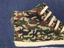 Load image into Gallery viewer, Hazeldee Camouflage print hi-top sneaker trainer cushion with contrast laces and detail. Camouflage is a great way to subtlety bring colour into a space, this print is small so it fits the scale of the hi-hop perfectly.