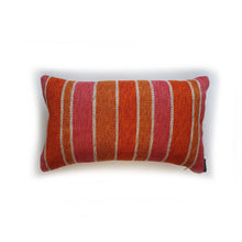 Load image into Gallery viewer, Hazeldee Home One-of-a-kind Limited Edition Handmade bold stripe lumbar cushion using heavy woven fabric with pink, off-white and orange stripe detailing.          Approximately 12" x 20" (30cm x 50cm) with a concealed zip.  Comes with a polycotton lined cushion inner.  Do not wash, Dry Clean Only.