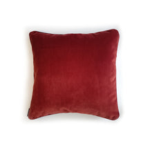 Load image into Gallery viewer, Hazeldee Home Limited Edition Handmade double-sided cushion using the luxurious Colefax and Fowler heavily embroidered floral foliage design fabric on a linen/viscose base on one side and Italian velvet terracotta on the reverse, edged with satin trim.   The front features an intricate floral design reminiscent of a tudor floral design with hues of rust, gold, navy light and mid blues on a linen blend neutral base with a subtle herringbone semi-plain weave that adds dimension depth and interest.