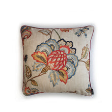 Load image into Gallery viewer, Hazeldee Home Limited Edition Handmade double-sided cushion using the luxurious Colefax and Fowler heavily embroidered floral foliage design fabric on a linen/viscose base on one side and Italian velvet terracotta on the reverse, edged with satin trim.   The front features an intricate floral design reminiscent of a tudor floral design with hues of rust, gold, navy light and mid blues on a linen blend neutral base with a subtle herringbone semi-plain weave that adds dimension depth and interest.